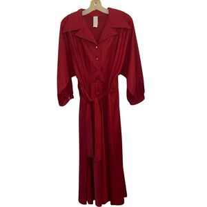 Vintage 70s Brick Red Polyester button front tie waist classic 70s Fall Dress